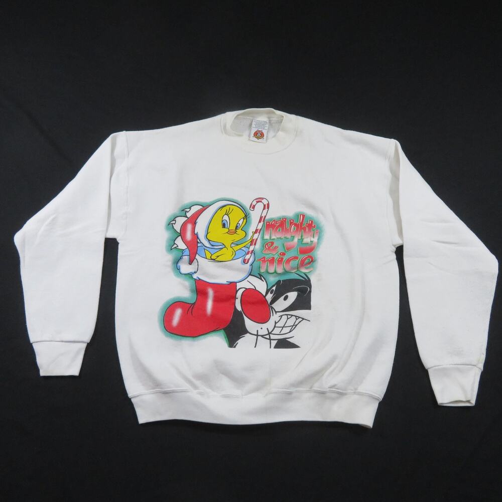Tweety Sylvester Christmas Sweatshirt Sweater Naughty & Nice White Sz XL 1990s